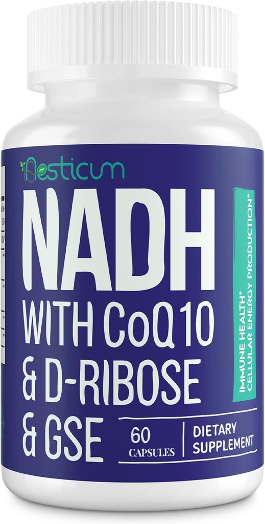 NADH 50mg + CoQ10 200mg + D-Ribose 150mg Supplement, Boosting NAD+ Supplements for Immune System, Cellular Energy, Focus, Reduced Nicotinamide Adenine Dinucleotide, 60 Veggie Capsules