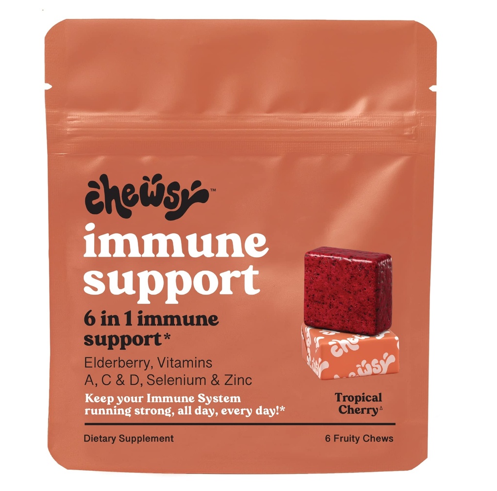 Chewsy - 6-in-1 Immune Support Fruity Chews Elderberry - Vitamiin C, A ja D, tsink ja Selenium - individuaalselt pakendatud - 6-päevane pakkumine