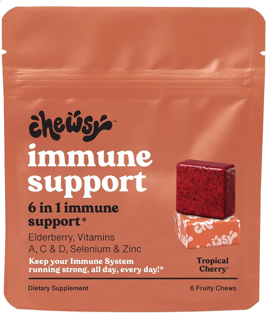 Chewsy - 6-in-1 Immune Support Fruity Chews Elderberry - Vitamiin C, A ja D, tsink ja Selenium - individuaalselt pakendatud - 6-päevane pakkumine