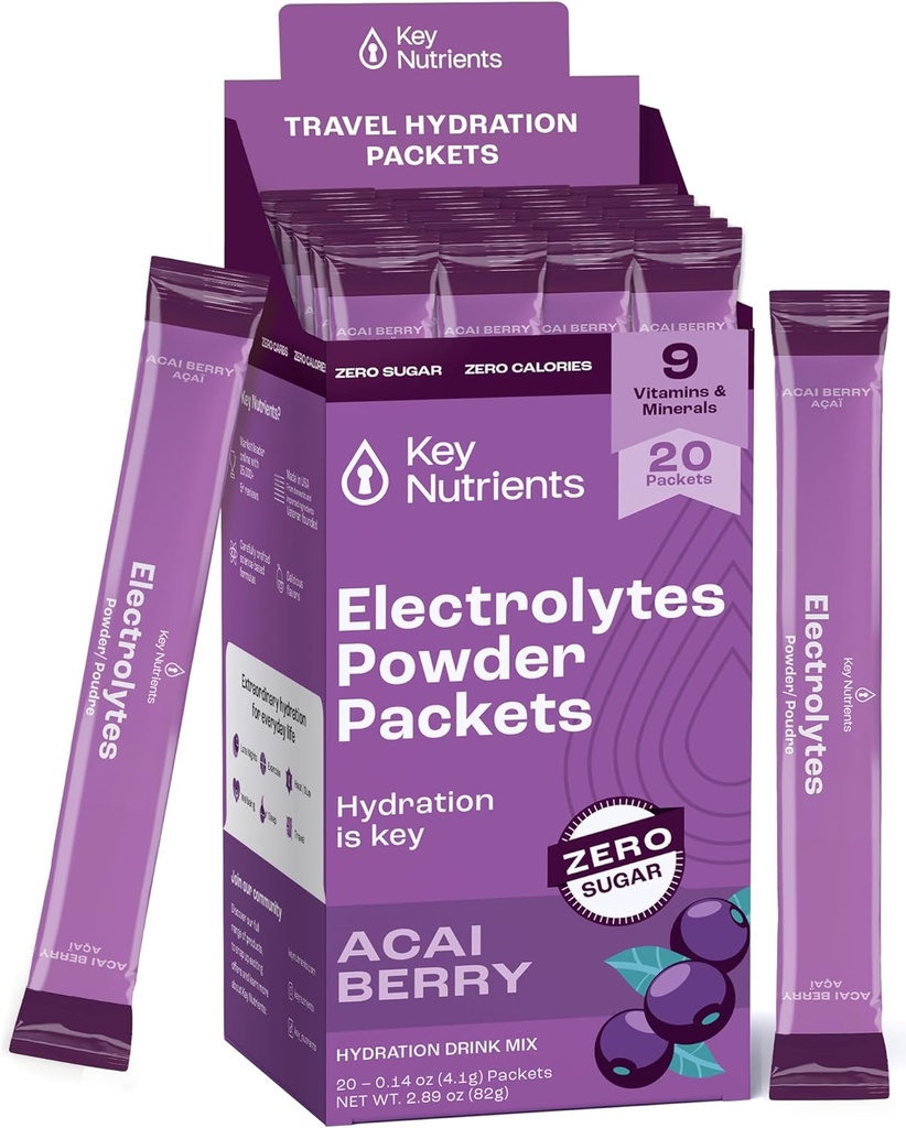 PÕHITOITAINED Multivitamiini elektrolüütide pulbripaketid - Maitsev Acai Berry 20 pakendi hüdratatsioonipaketid - Travel Hydration Powder - No Sugar, No Calories, Gluteenivaba - Made in USA
