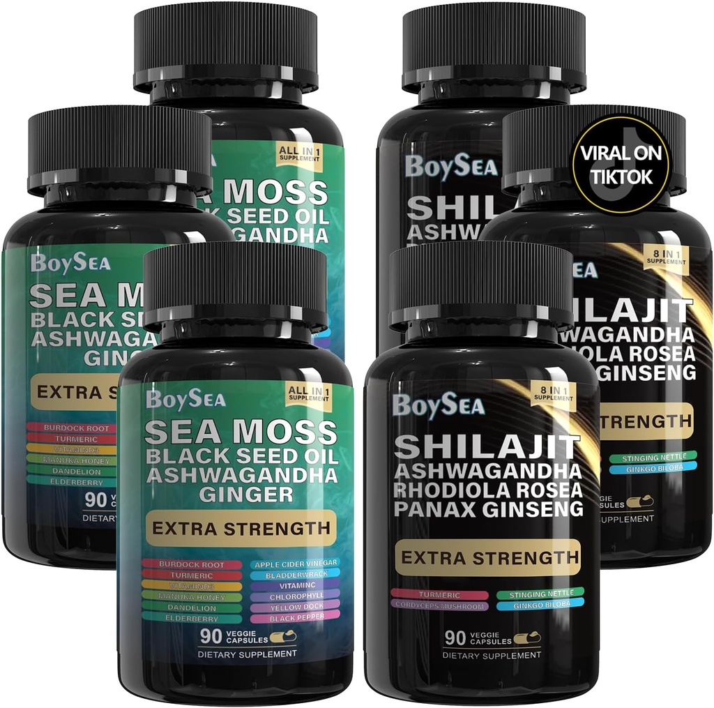Boysea. Shilajit and Sea Moss Bundle- 90 Count - Sea Moss, Black Seed Oil, Ashwagandha, Ginger & Shilajit, Rhodiola Rosea, Kõik 1 täiendused (3 Pc)