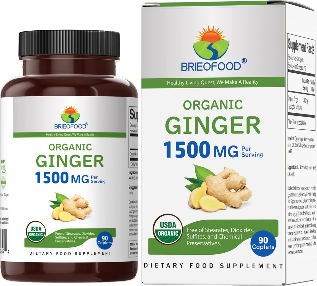 Brieofood Organic Ginger 1500mg, 45 Servings, Taimetoitlane, Gluteenivaba, 90 Taimetoitlane tablett