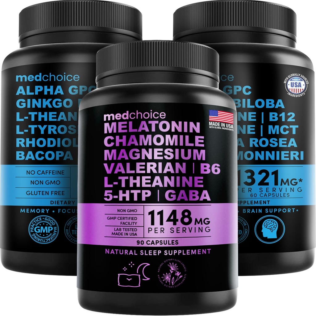 MEDCHOICE Sleep Melatoniin (90ct) ja Nootroopne Aju (120ct) Täienduspakett - Wellness Duo une, aju, fookuse ja meeleolu toetamiseks - Vegan, GMO, Gluteenivaba