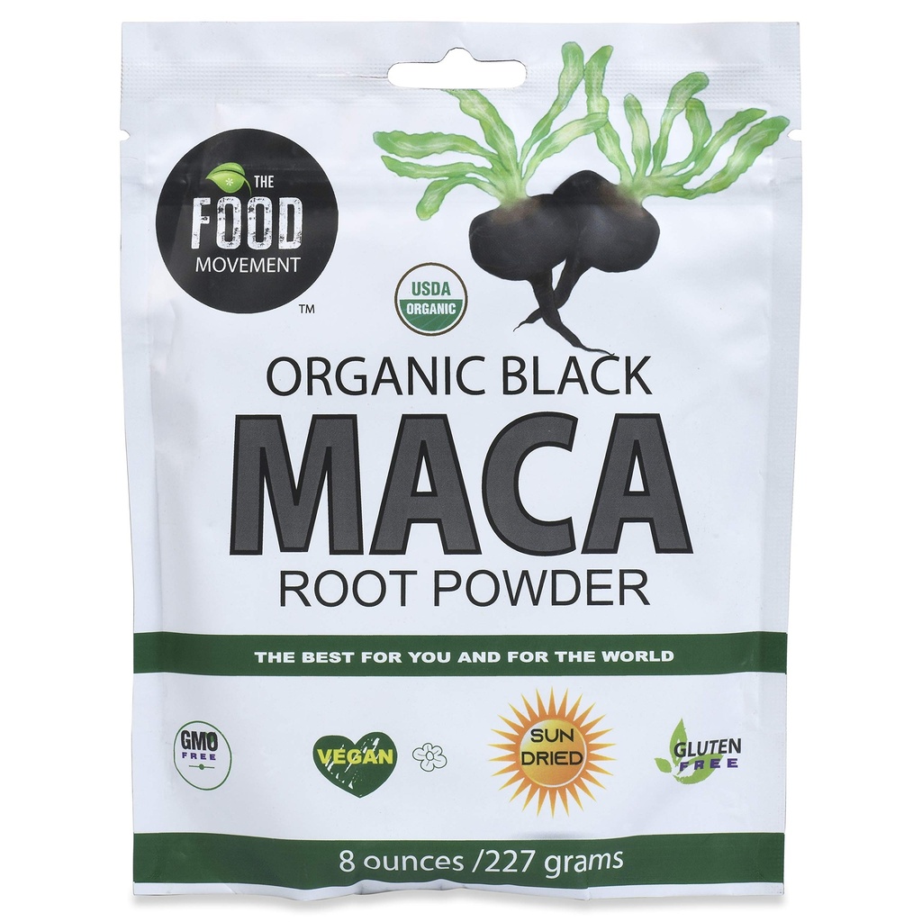 The Food Movement Co. Black Maca 8 oz Toores toidupulber - orgaaniline, mitte-GMO, vegan, gluteenivaba-must Maca juurelisa kogu keha heaolule