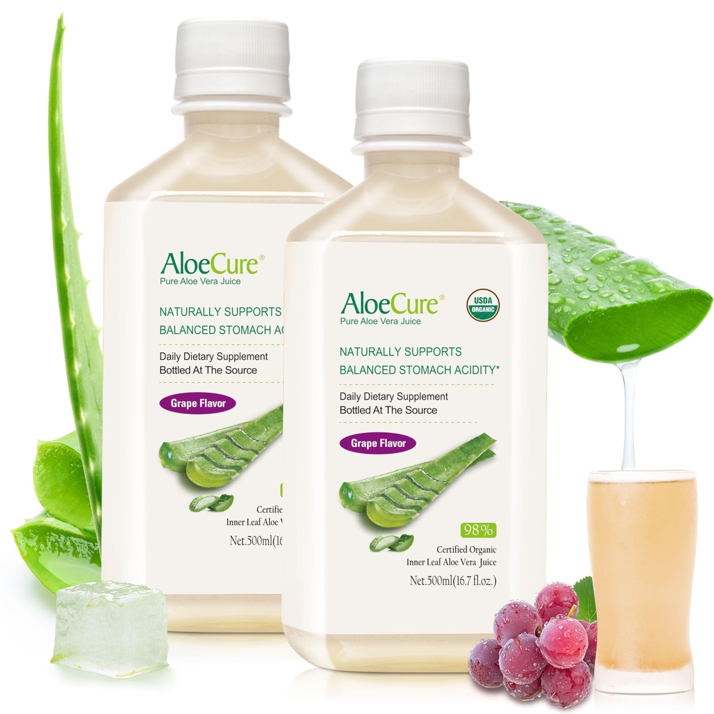 AloeCure USDA orgaaniline Aloe Vera mahl Viinamarjamaitse, mis on valmistatud 12 tunni jooksul saagikoristusest - puhas Aloe Vera seedetrakti ja immuunsuse tervise lisand, aitab säilitada tasakaalustatud kõhuhappesust, 16,7oz x 2 Btl