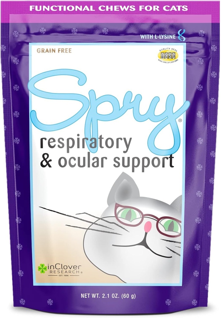 In Clover Spry Daily Respiratory and Ocular Support Soft Chews for Cats, L-Lysine, Superfoods ja Prebiootikumid Tugeva Immuunsüsteemi jaoks, 2,1 oz. (60 arvu)