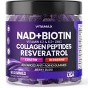 NAD+, Resveratrool, Berberine & Biotin Anti-Aging Gummy - juuksed, nahk, küüned ja liigeselisandid - kollageenpeptiidid, Keratin, tsink, K2-vitamiin & D3 Gummies - regenereerimine - mitte-GMO - valmistatud USA 60 Count