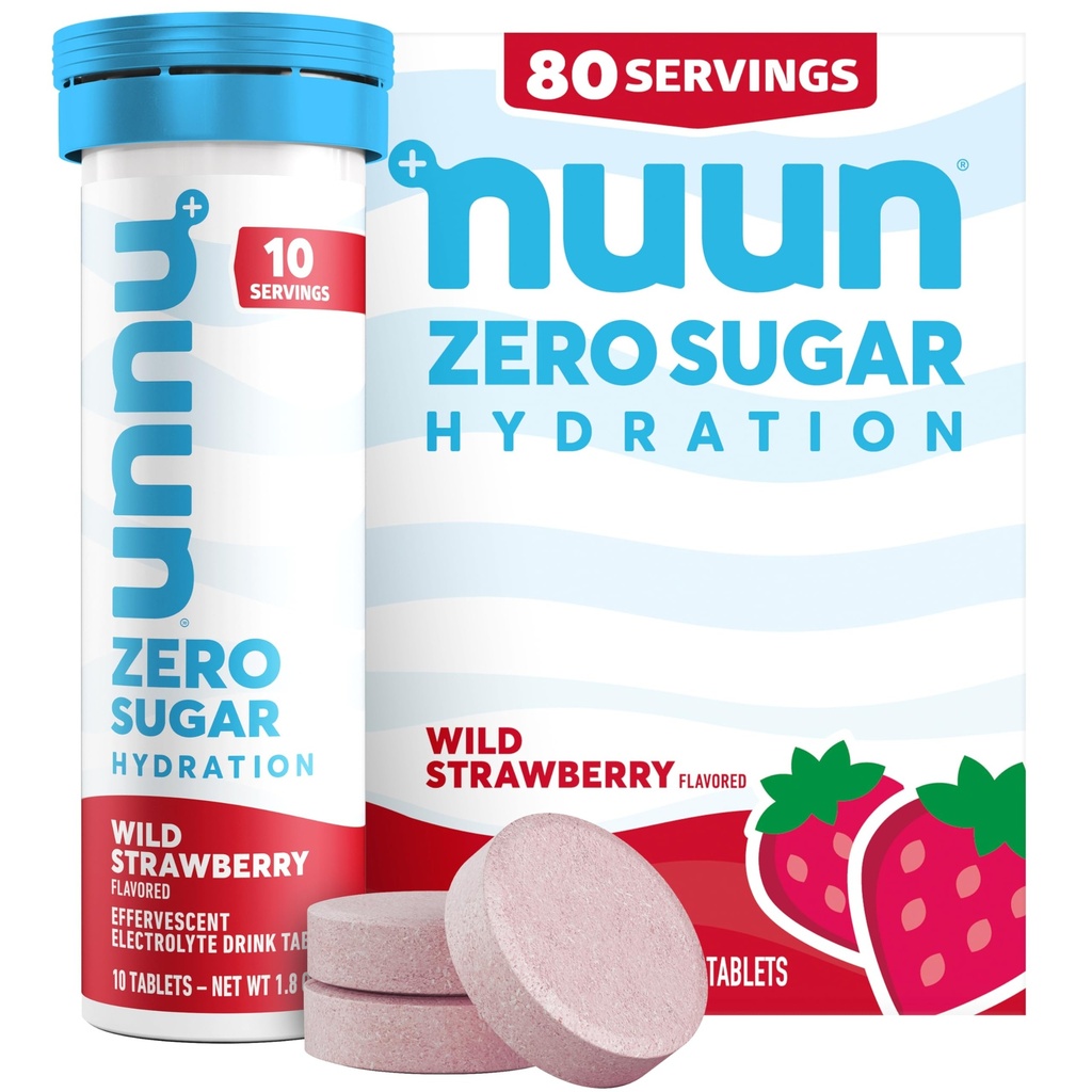 Nuun Zero Sugar Hydration Electrolyte Tablets - Sodium, Potassium, Chloride, Calcium, Magnesium, Light & Delicious Fruit Flavors, No Sugar, Gluten Free, Vegan, Wild Strawberry (80 Servings Total)