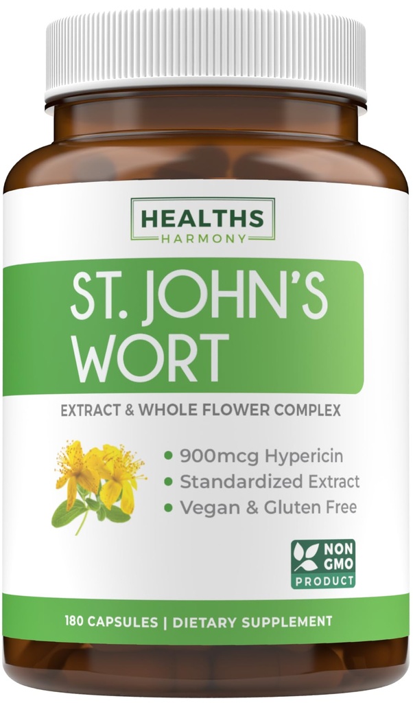 St John's Wort kapslid - Võimas ja võimas Saint John's Wort Extract & Whole Herb Complex standardiseeritud 900mcg Hypericin tasakaalustamiseks Daily Mood Support - Vegan Non-GMO & Lab Verified (180 Caps)