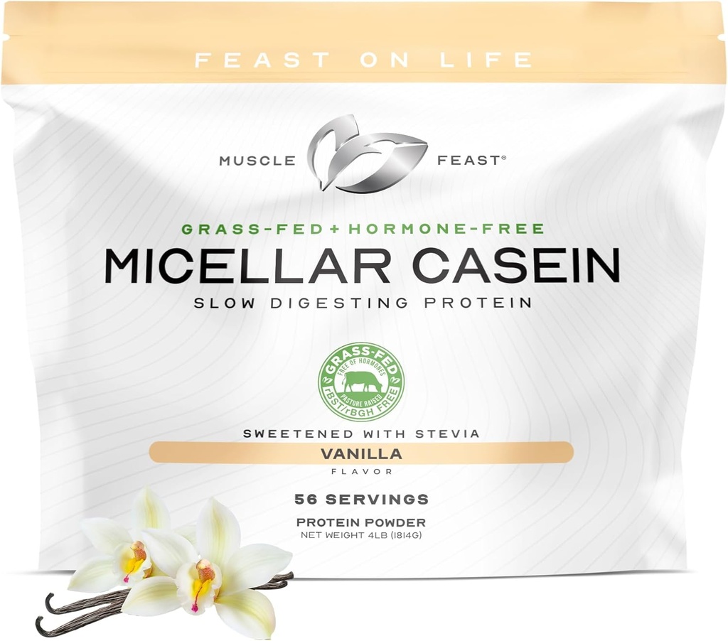 Muscle Feast Grass Fed Micellar Casein Protein Powder, Pasture Raised & Hormone Free, Slow Digesting Casein Protein - Supports Overnight Muscle Recovery, Gluten Free Protein Powder - Vanilla, 4lb