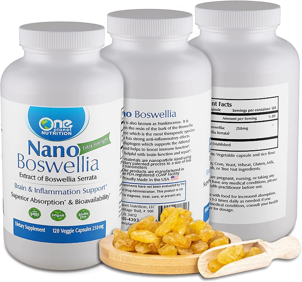One Planet Nutrition Nano Boswellia 250 mg Veggie kapslid (120 Servings), Boswellia serrata vaik, toetab kognitiivse funktsiooni aju tervisele, mitte-GMO, vegan, gluteenivaba