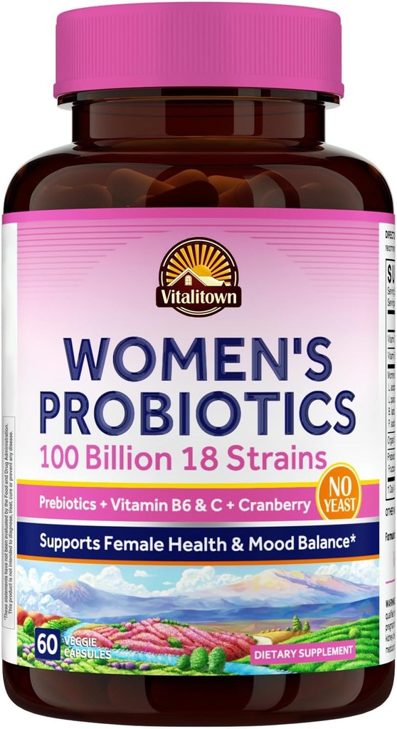 Vitalitowni naiste probiootikumid | 100 miljardit CFU-d 18 tüve | prebiootikumid, VC & B6, Jõhvikas | riiulil stabiilne | Vaginaal, kuseteede, seedetrakti ja meeleolu toetus | 60 veganmütsi