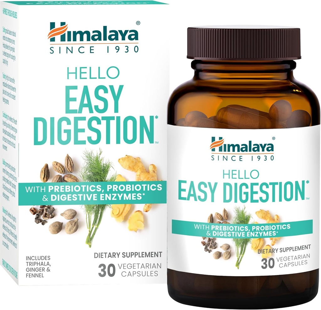 Himalaya Hello Easy Digestion, seedetrakti ensüümid 2 miljardi CFU probiootikumide ja prebiootikumidega, pluss 100 mg taimse seedetrakti tugi ingveri, apteegi ja Triphala, 30 taimetoitlase kapsliga