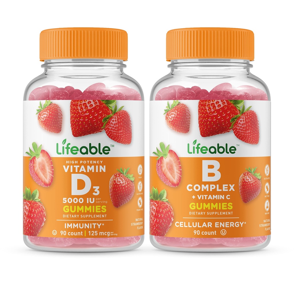 Elujõuline D-vitamiin 5000 IU + B kompleks, Gummies Bundle - suurepärane maitse, vitamiinilisand, Gluteenivaba, GMO-vaba, närimiskumm