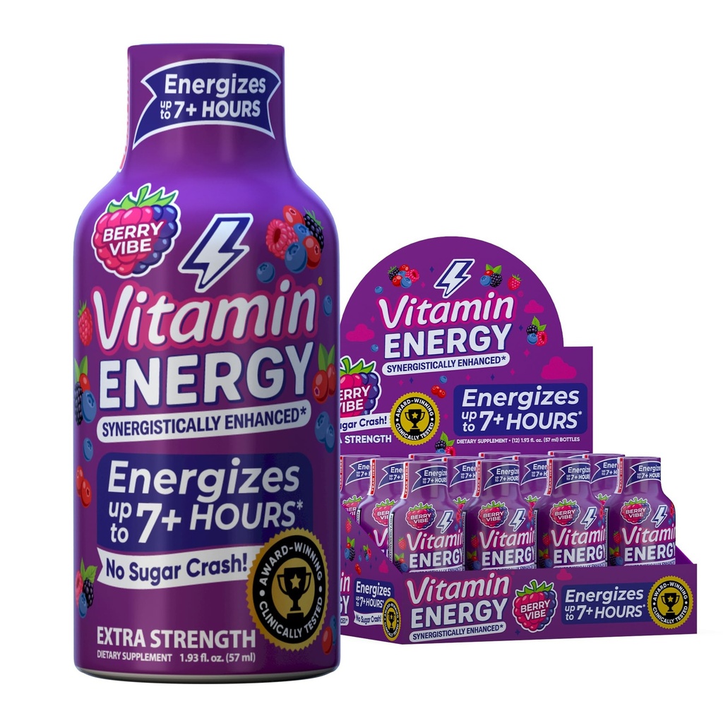 Vitamiinenergia Mood + ekstra tugevus Energia Shot Troopiline Berry 12 Pack, 260mg looduslik kofeiin, B-vitamiinid, rodiola, kummel, meeleolu ja energia toetus, null suhkur, Gluteenivaba, Vegan, 1,93 fl oz