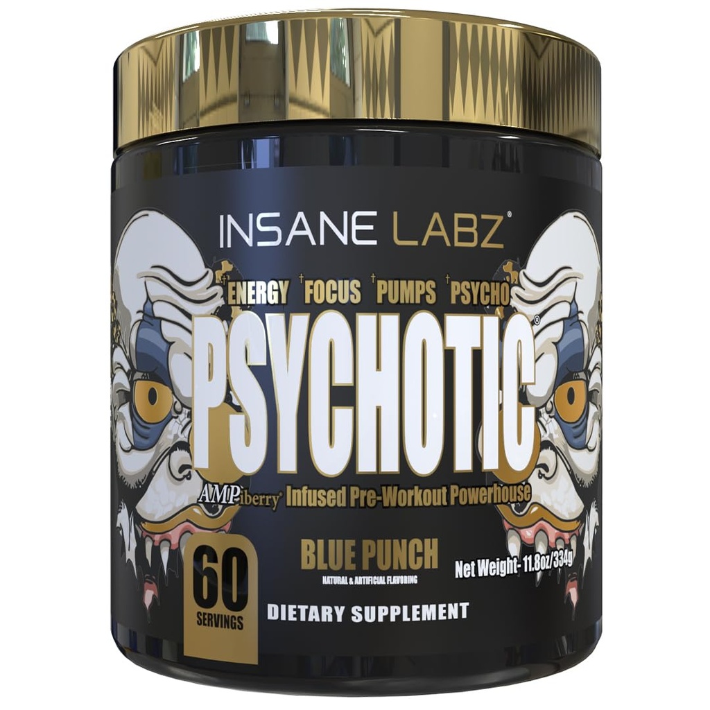 Insane Labz Psychotic Gold, High Stimulant Pre Workout Powder, Extreme Lasting Energy Focus, Pumbad ja vastupidavus Beeta Alanine, DMAE Bitartraat, NO Booster (60 Servings, Blue Punch)
