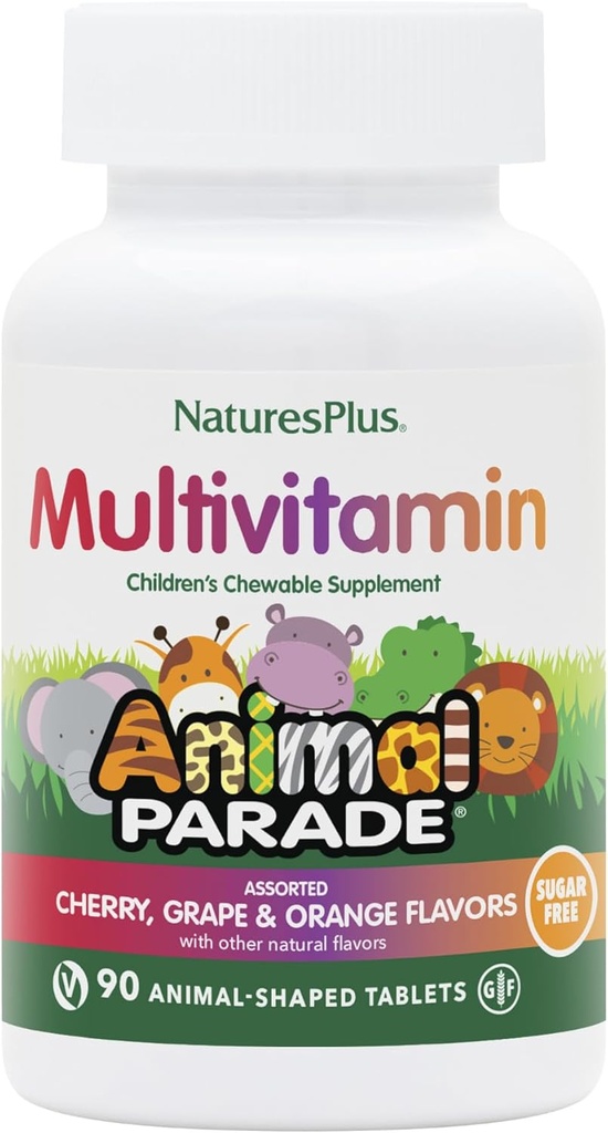 Natures Plus Animal Parade Suhkruvaba Laste Multivitamiinid - Assorteeritud Kirss, Viinamarjad Ja Apelsini Maitsed - 90 Närimistabletti - 45 Kokku Serving
