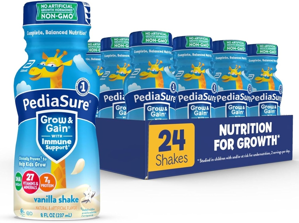 PediaSure Grow & Gain koos immuunsuse toetusega, 27 vitamiini ja mineraali lastele, 7 g valku, mitte-GMO, gluteenivaba, vanilje, 8-fl-oz pudel, 24-pakend