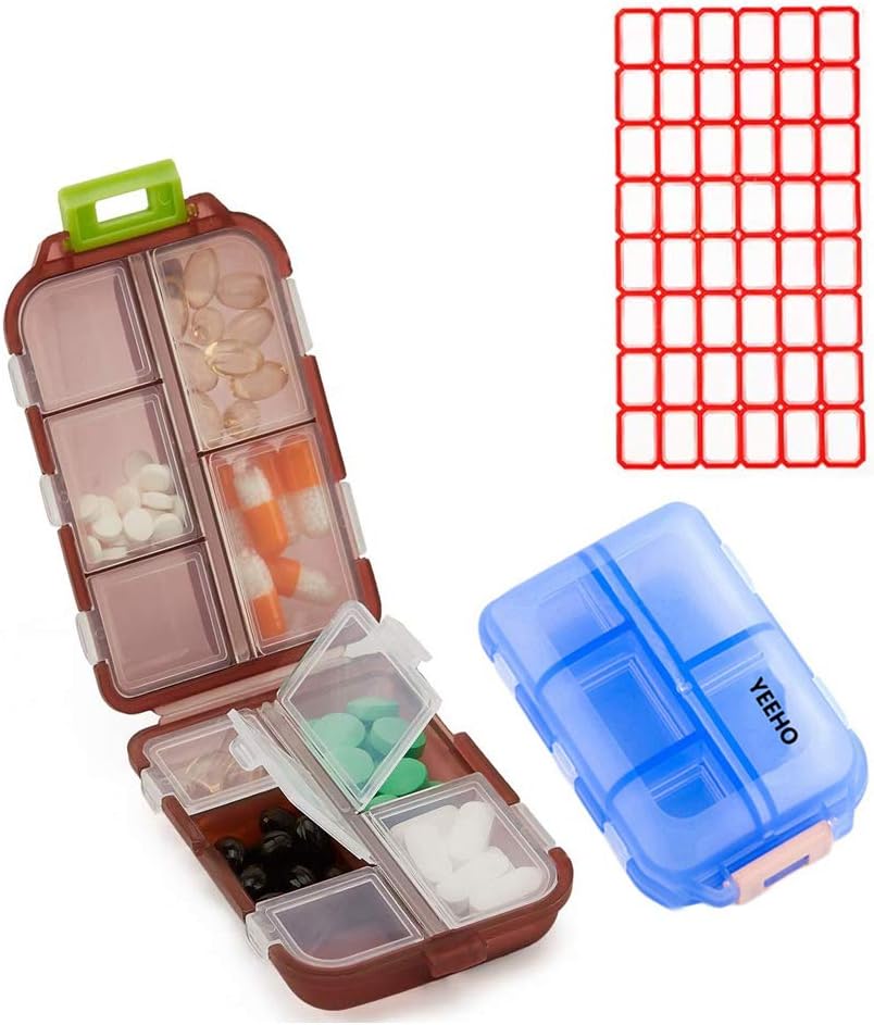 Pill Case (2 Pack) - Kaasaskantavad väikesed toidulisandid Tablet Container Box 10 Kompartments - Meditsiini Vitamiini Organisaator Dispenser Hoidja Reisi Reisi Taskukott (Sinine + Šokolaad)