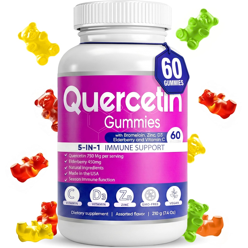 Quercetin Gummies by BioVitalica - Quercetin with Bromelain Vitamiin C ja tsink & Elderberry + Vitamiin D3-5 in 1 Immune Support - Tsink Quercetin 750 mg lastele ja täiskasvanutele (1)
