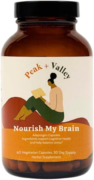 Peak + Valley Nootropic Brain Support Supplement for Memory & Focus with Lion's Mane Seene & Ashwagandha - 60 Ct Adaptogen Kapslid - Täiskasvanud / Vanemad - Kognitiivne, Aju Udu, Energia Valem