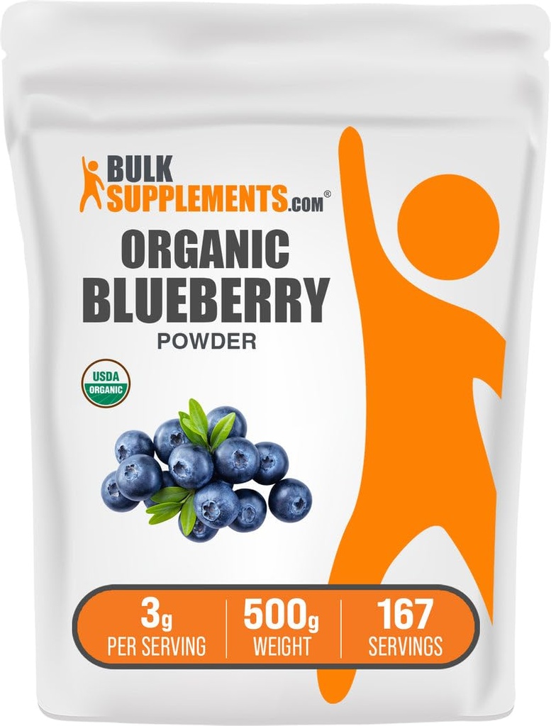 BulkSupplements.com Orgaaniline mustikapulber - antioksüdantide tugi, mustikalisand - Vegan & gluteenivaba, 3 g serveerimise kohta, 500 g (1,1 naela) (pakk 1)