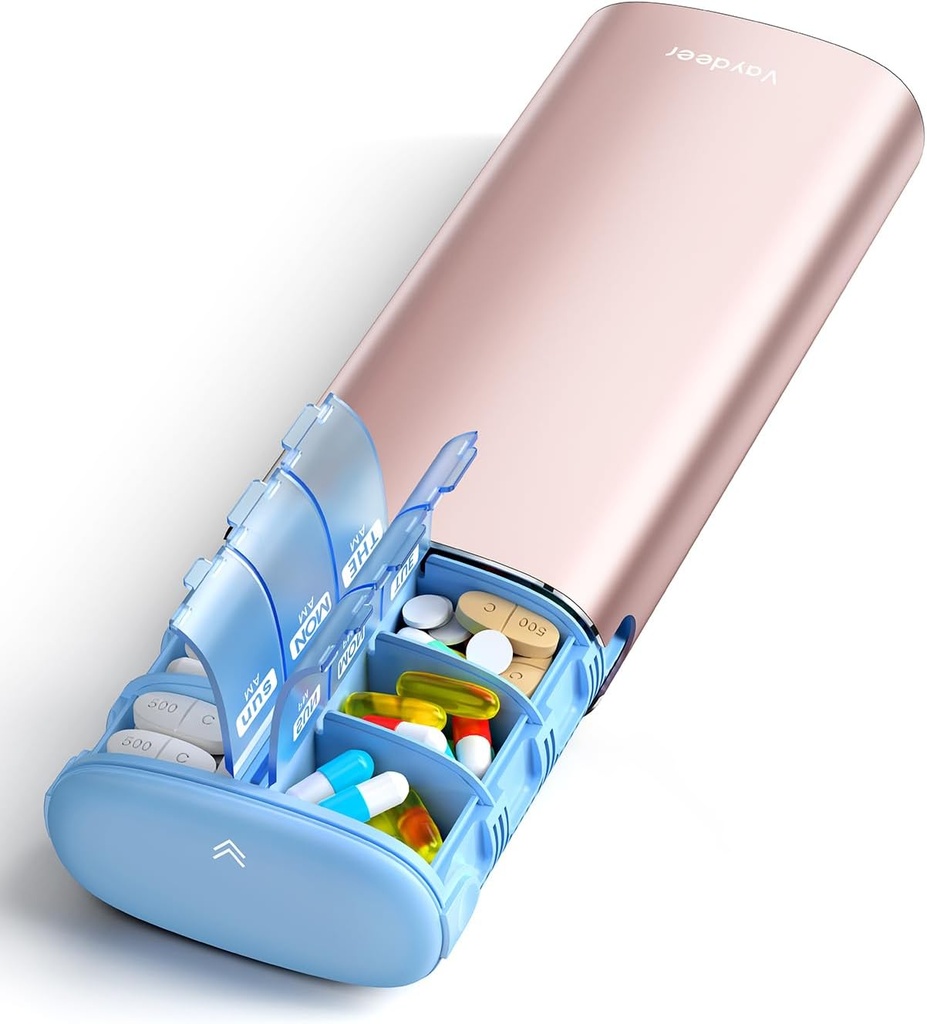 Vaydeer 7 päeva nädalas Pill Organizer 2 korda päevas, Metal Am Pm Travel Pill Case, suure mahutavusega kaks korda päevas Cute Pill Box toidulisandid, pillid, vitamiinid ja ravimid (Rose Gold)