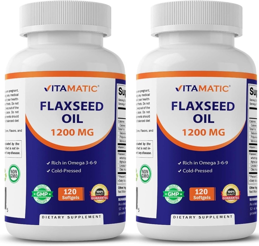 Vitamatic 2 Pack Linaseemneõli 1200mg 120 külmpressitud linaseemnest - 675 mg ALA Omega 3 rasvhappeid südame tervise parandamiseks