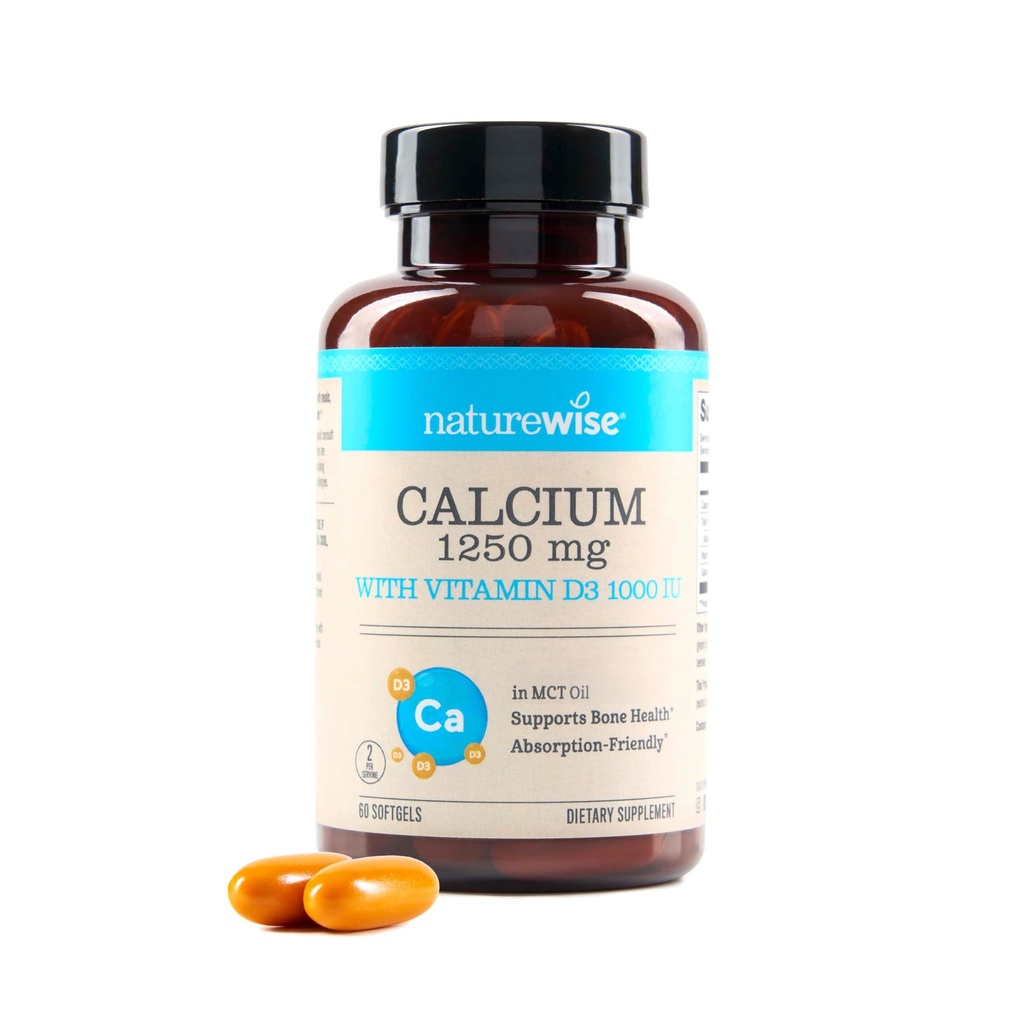 NatureWise High-Purity, All-Natural Calcium 1250mg + Vitamiin D3 1000IU + Orgaaniline MCT kookosõli - Rasedus Ohutu + Non-GMO - imendumine Sõbralik, Gluteenivaba - 60 Softgels [30-päevane pakkumine]