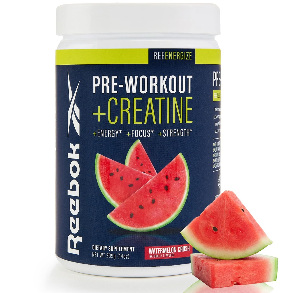 Reebok Pre-Workout Pulber | 200mg looduslik kofeiin, 3g kreatiini monohüdraat | Puhas energia Pre Treening tugevuseks, fookuseks ja pumbaks | Informeeritud-Sport sertifitseeritud | ReeEnergize | Arbuus Purusta