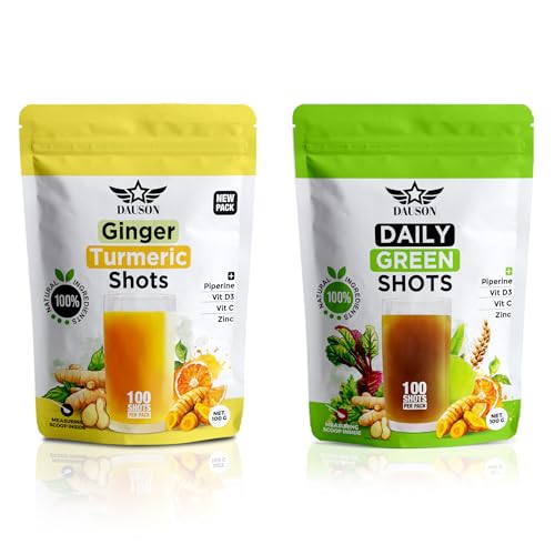 Ginger Turmeric Daily Green Shots – 100 Servings – Blend with Piperine, Wheatgrass, Matcha, Beetroot, Ashwagandha, Turmeric, Ginger, Prebiotics, Vitamin C, D3 & Zinc | Vegan Superfood Wellness Powder