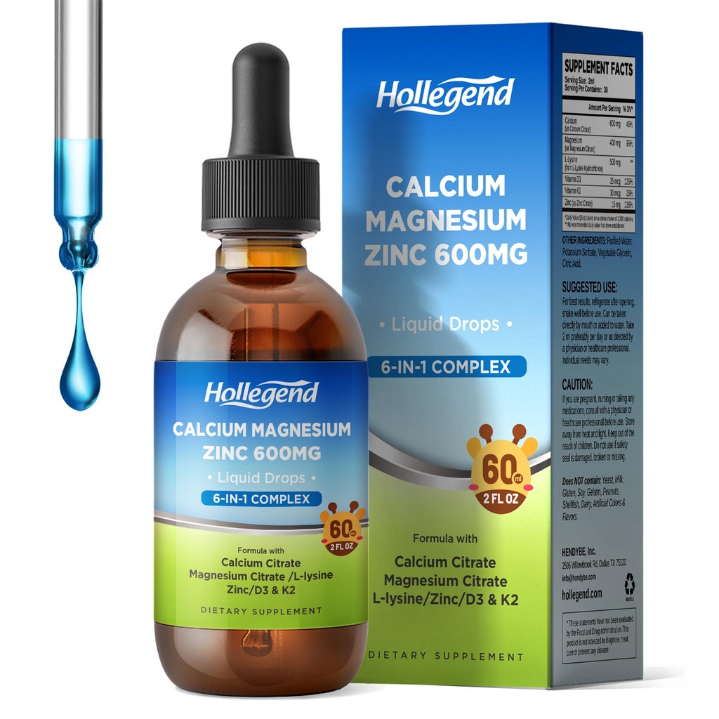 Vedel kaltsiumtsitraadi tilgad L-lüsiin 500mg, magneesium ja tsink, kaltsiumtsitraat 600mg toidulisand D3 & K2 lastele ja täiskasvanutele, 2 Fl Oz