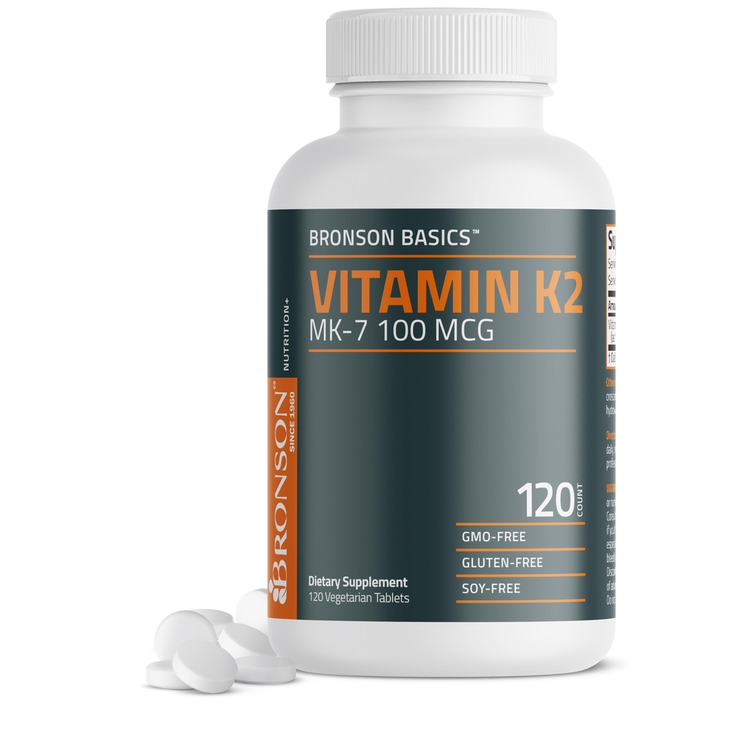 Bronsoni vitamiin K2 MK-7 100 MCG, K2 MK7 menakinoonina, luude tugi mitte-GMO, 120 tabletti