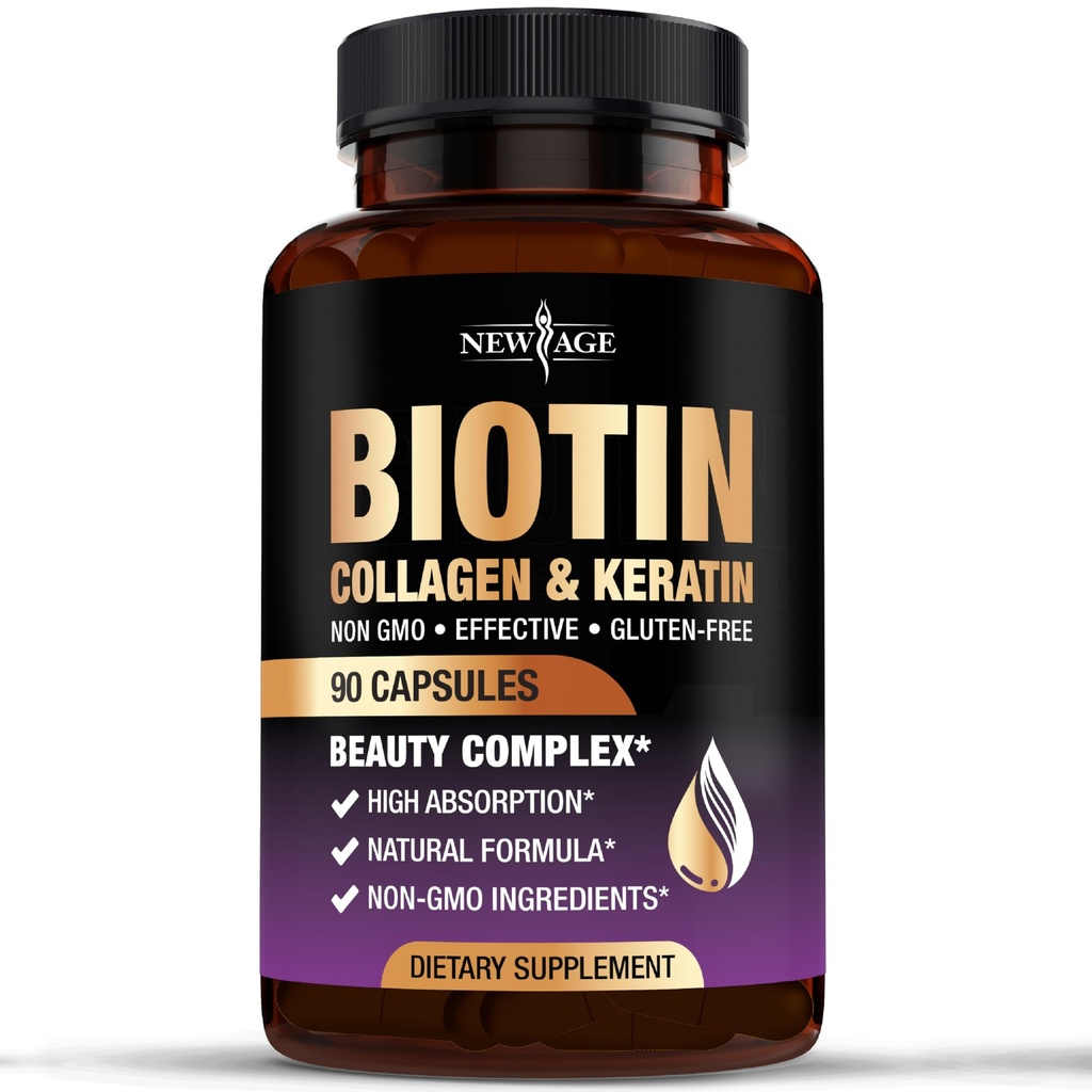 NEW AGE Biotiin Kollageen Keratin Hüaluroonhape - 50 000 mg juuste kasvu vitamiinid meestele ja naistele, küüned, juuksed, naha vitamiinid ja DHT Blocker E-vitamiini foolhappe kõrvitsaseemnega MSM - 90 Count