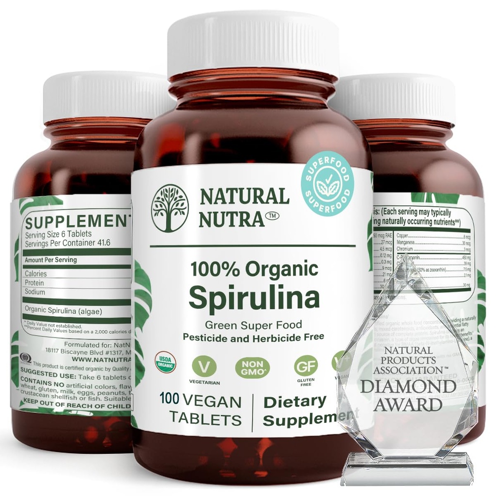 Natural Nutra 100% USDA orgaaniline Spirulina tabletid, aitab säilitada keha rasvad, edendab maksa tervist, edendab immuunsüsteemi, aitab parandada ainevahetust, edendab immuunsust, 300 mg, 100 vegan tablette