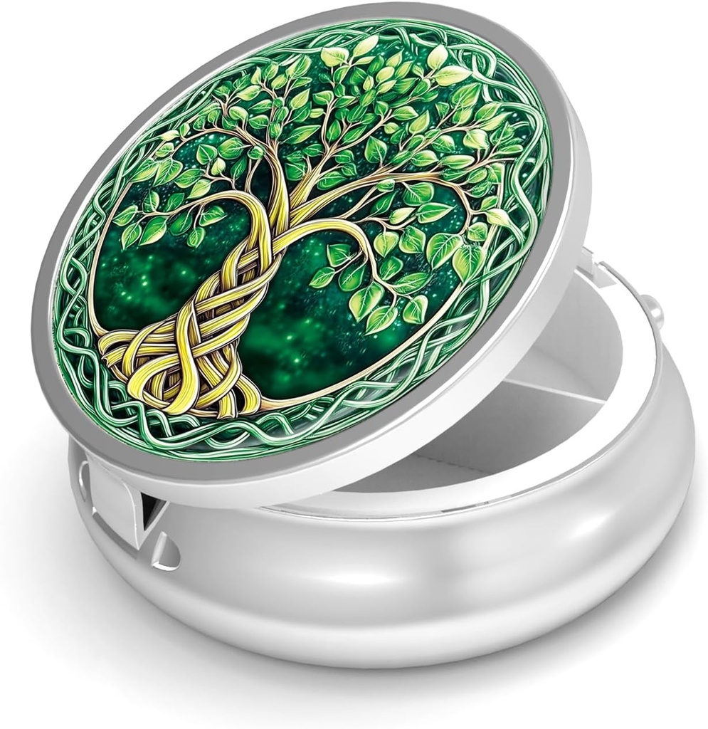 Pill Box-3 Kompartment Väikesed pillid kotti ja tasku Mini Metal Pill Holder Travel Pill konteineri hoida toidulisandeid BPA-vaba (Tree of Life)