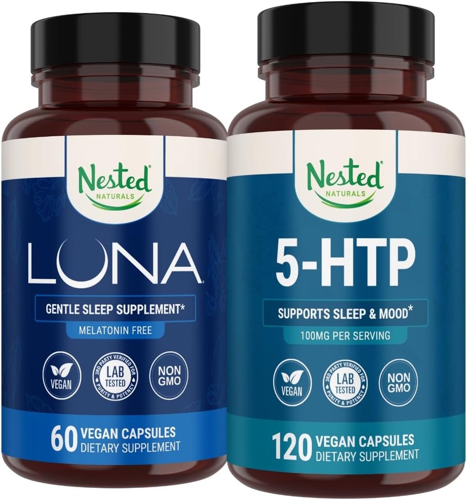Nested Naturals Luna melatoniinivaba une täiendus (60 vegankapslit) ja 5-HTP 100mg (120 vegankapslit) parema une, lõõgastumise ja meeleolu jaoks