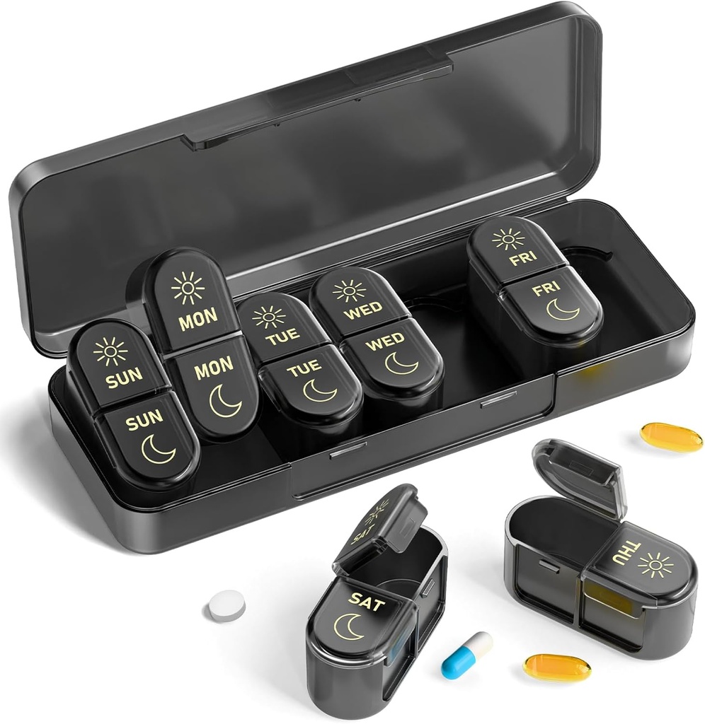 AM & PM Pill Korraldaja 7 päeva, Iganädalane Pill Case 2 korda päevas, Pill Box 7 päeva, Meditsiin Pill Korraldaja Reisimiseks, Vitamiinid, Kalaõlid, Toidulisandid