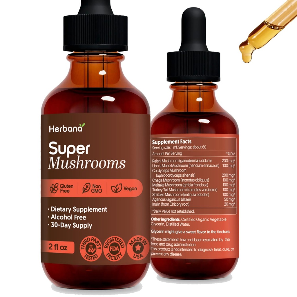 Super Seened 8-in1 - 2 fl oz Vedelikekstrakt - Aju Booster & Immuunsüsteemi tugitilgad - Reishi, Lõvi Mane, Cordyceps, Chaga, Mitake, Türgi sabad, Shiitake, Agaricus - kõrge potentsi - 45-päevane pakkumine