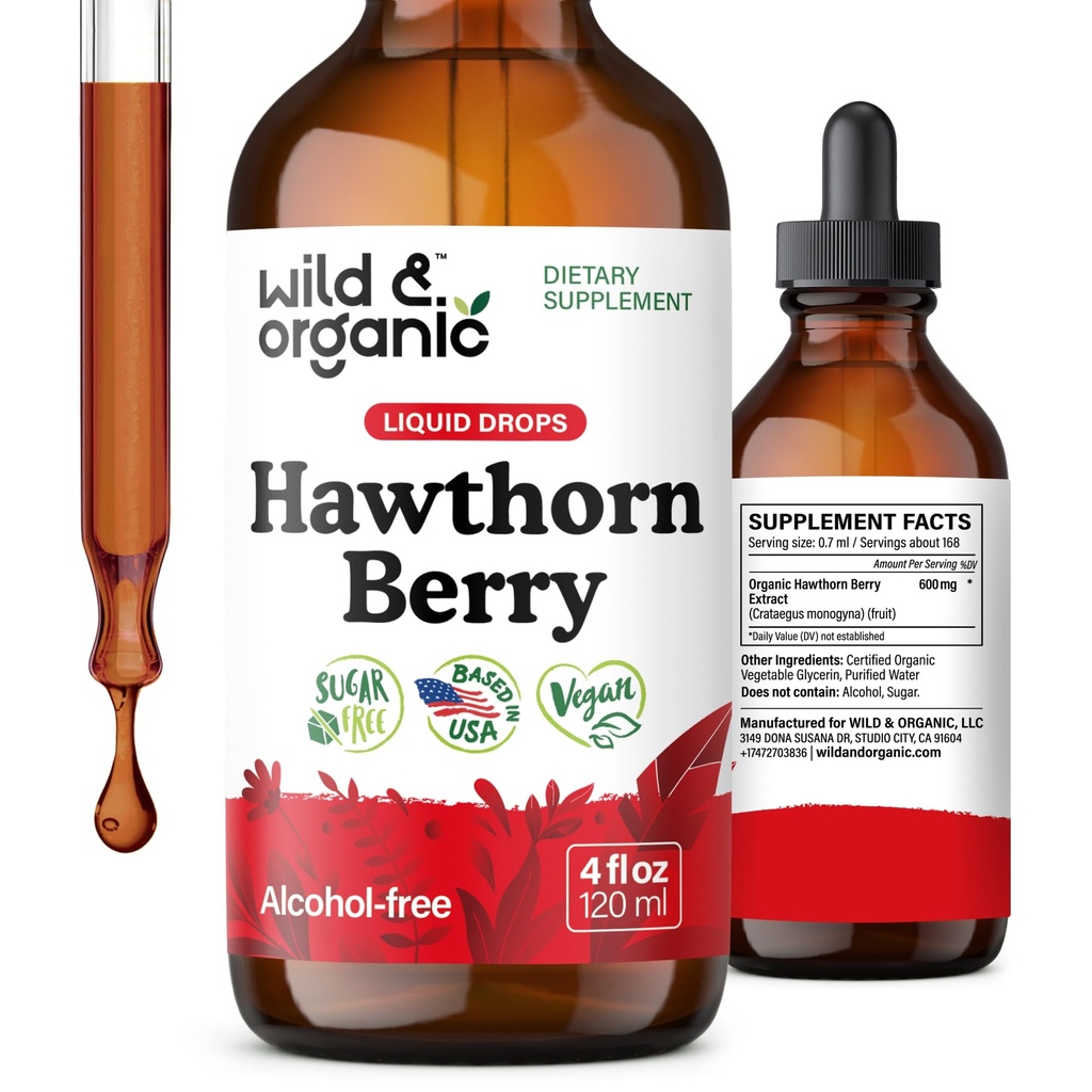Wild & Organic Hawthorn Berry Tinktuur 600 mg - Vedel Hawthorne Berry Supplement üldiseks toetuseks - Vegan, suhkur ja alkoholivabad puuviljaekstrakti tilgad - 4 fl oz