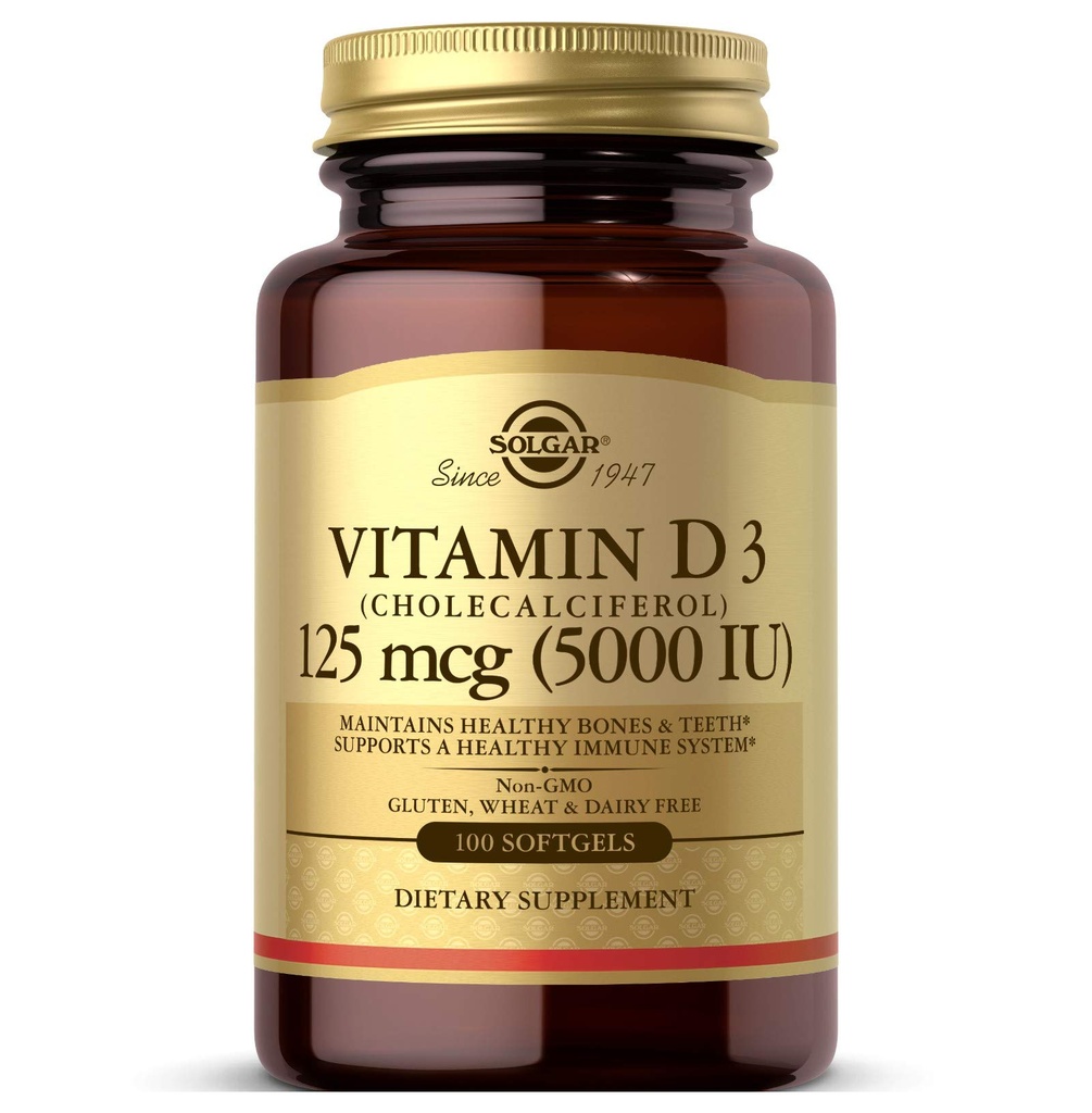 Solgar Vitamiin D3 (kolekaltsiferool) 125 MCG (5000 RÜ), 100 Softgels - aitab säilitada tervislikke luid ja hambaid - Immuunsüsteemi tugi - Non GMO, Gluteenivaba, piimavaba - 100 Servings
