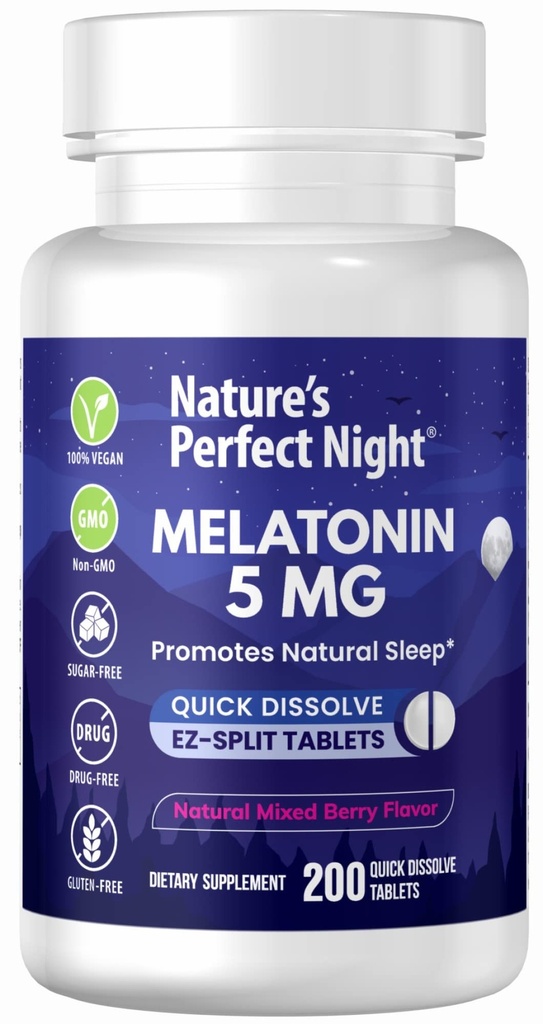 Looduse täiuslik öö | Melatoniin 5mg | 200 Kiiresti lahustuvad tabletid | Looduslik segatud marjamaitse | Eelistatud potents | Suhkruvaba | Vegan | Gluteenivaba | Väärtuse suurus