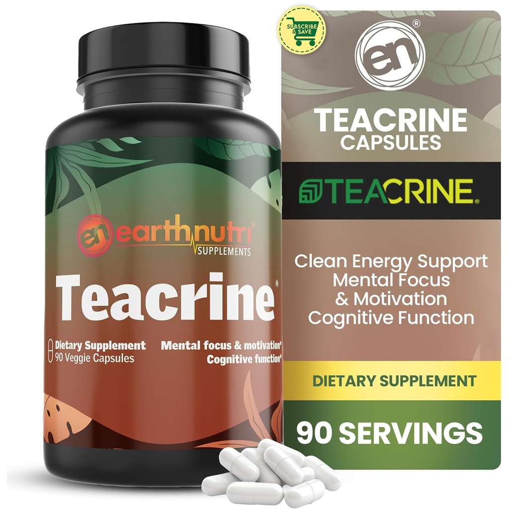 EarthNutri Theacrine Energy and Focus Supplement – Gluten and Additives Free – 1 Capsule Daily – Vegetable Capsule for Enhanced Alertness and Endurance – 250mg Theacrine Caps – (90 Count Unflavored)
