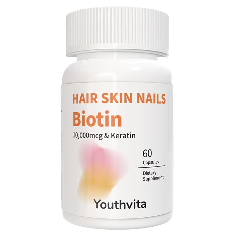 Premium Hair, Skin & Nails Supplement – Biotin 10,000mcg, Keratin, Zinc, Iron, Vitamin C & Silicon – Strengthen Hair & Nails, Boost Glow – 60 Capsules