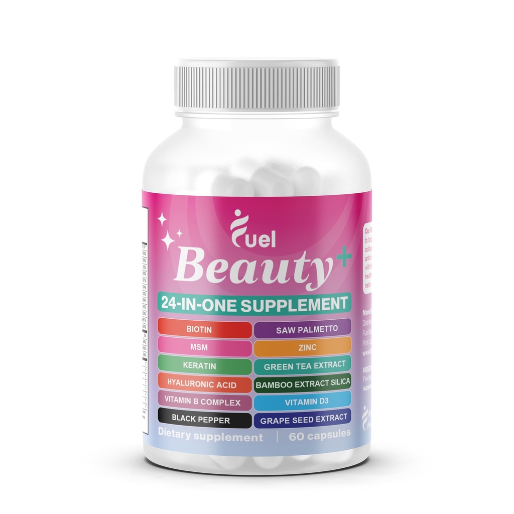 Fuel Beauty+ 24-in-1 Hair, Skin & Nails Vitamins for Women – 5000mcg Biotin, Hyaluronic Acid & Saw Palmetto – Daily Multivitamin for Hair Growth, Nail Strength & Skin Glow – 60 Capsules