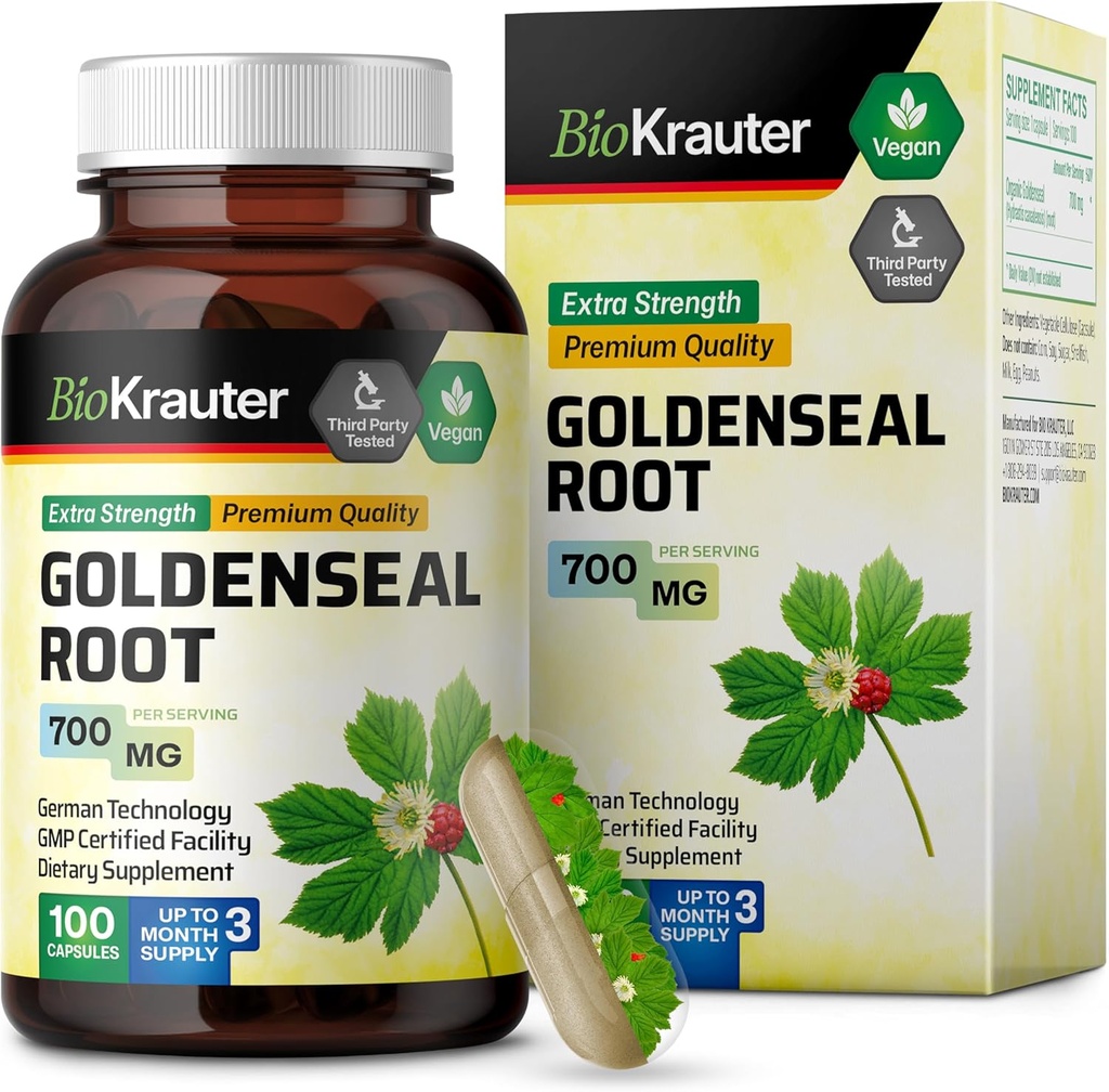 BIO KRAUTER Goldenseal Juur Kapsel 700 mg - 100 Kuldse tihendiga pulberkapslid - Hingamisteede ja seedetrakti tugi - Vegan, ei täida