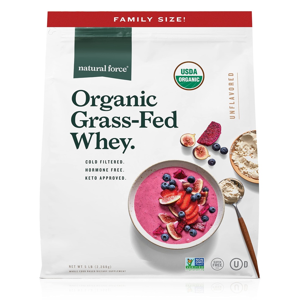 Natural Force Roht Fed Orgaaniline vadakuvalk Pulber - Non GMO Kontrollitud, Humane Certified & Lab Testitud Toksiinid - Puhtad Ja Maitsestamata - Keto Sõbralik, Madal Carb ja Kosher - 5 Nael A2 Valk