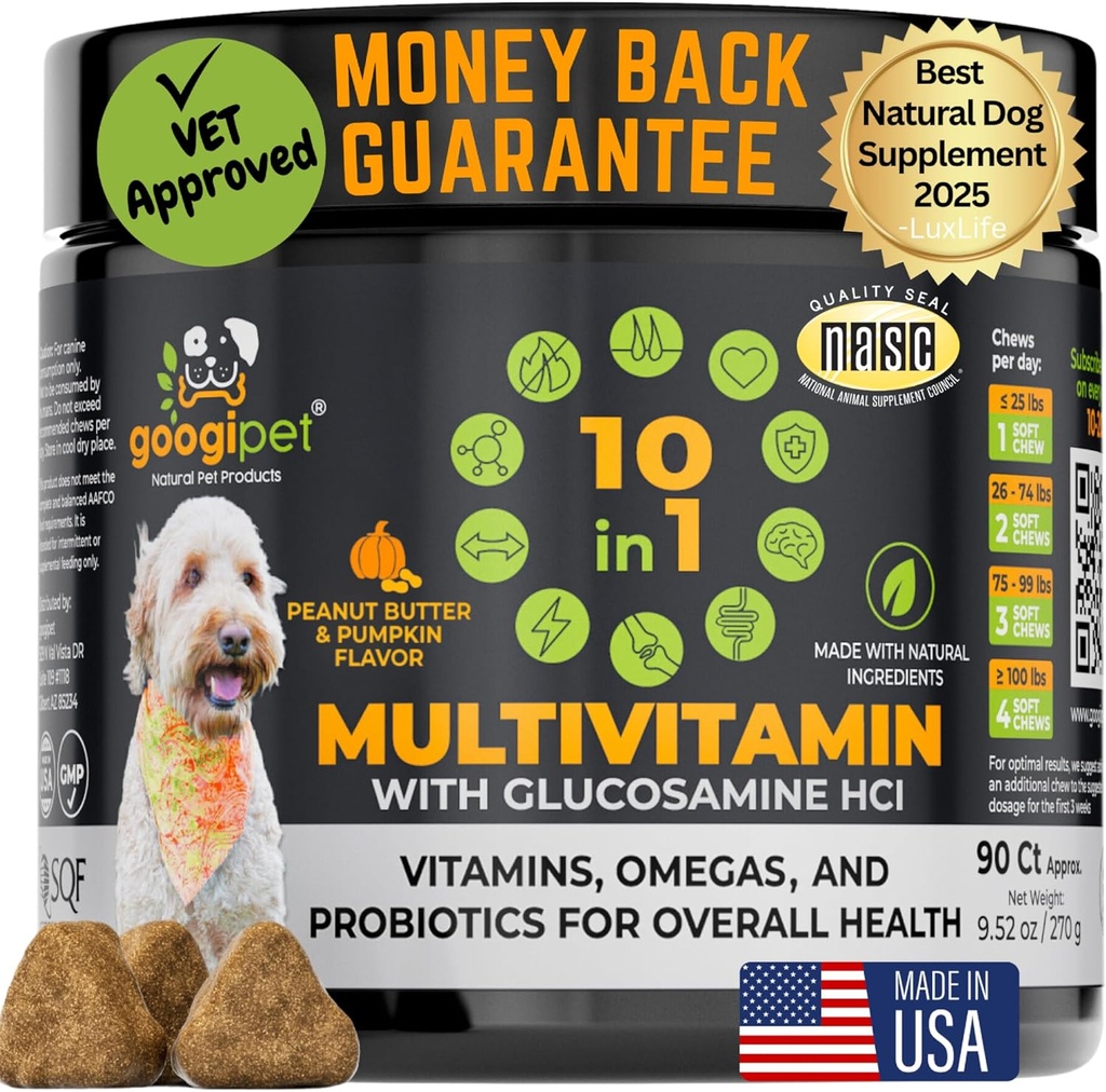 Googipet Premium 10 in 1 Dog Vitamiinid Multivitamiini närimistable probiootikumid soolestiku tervisele, Koera Vitamiinid ja toidulisandid w / Vitamiin C & Glükosamiin ühiseks toetuseks (maapähklivõi ja kõrvitsamaitse)