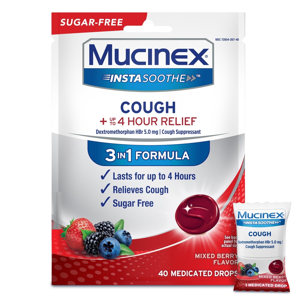 Mucinex Instasoothe Sugar Free Cough tilgad, köha ravim täiskasvanutele Dextromethorphan HBr, Non Menthol Cough tilgad, Cough Suppressant Lozenges, Segatud Marja ravim köha tilgad, 40 ct