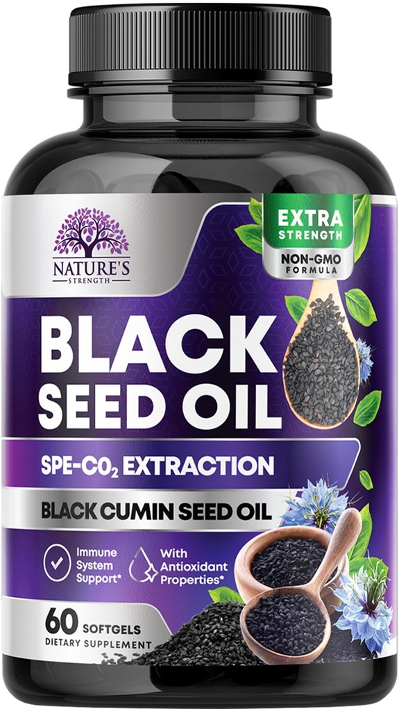 Musta seemne õli kapslid 1000 mg tümokinooniga - puhas Nigella Sativa naha tervise ja immuunsuse toetamiseks, 100% mustseemneõli, hämmastav ekstraheerimine üle külma pressitud musta köömne seemne - 60 Softgels